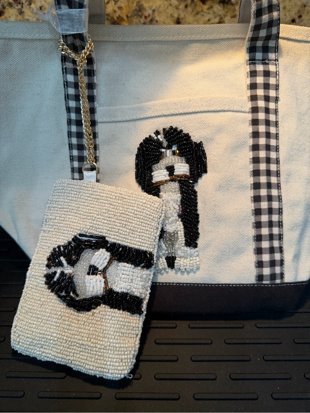 NWT Beaded Dog Canvas Tote Bag Zip Pouch Set Gingham Shih Tzu Bernedoodle - Picture 2 of 11